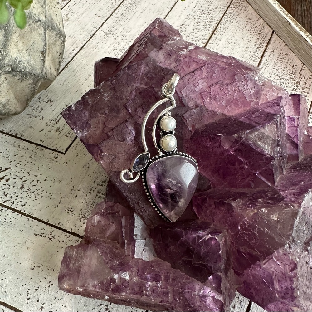 Amethyst Fresh Water Pearls Sterling Silver Pendant 4 stones